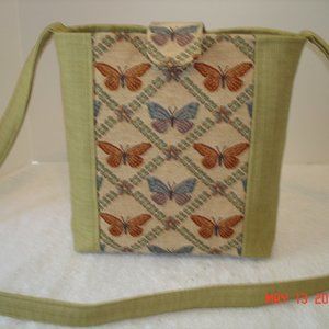 Handmade Cross-Body Bag Handbag Tote Purse Green Butterflies
